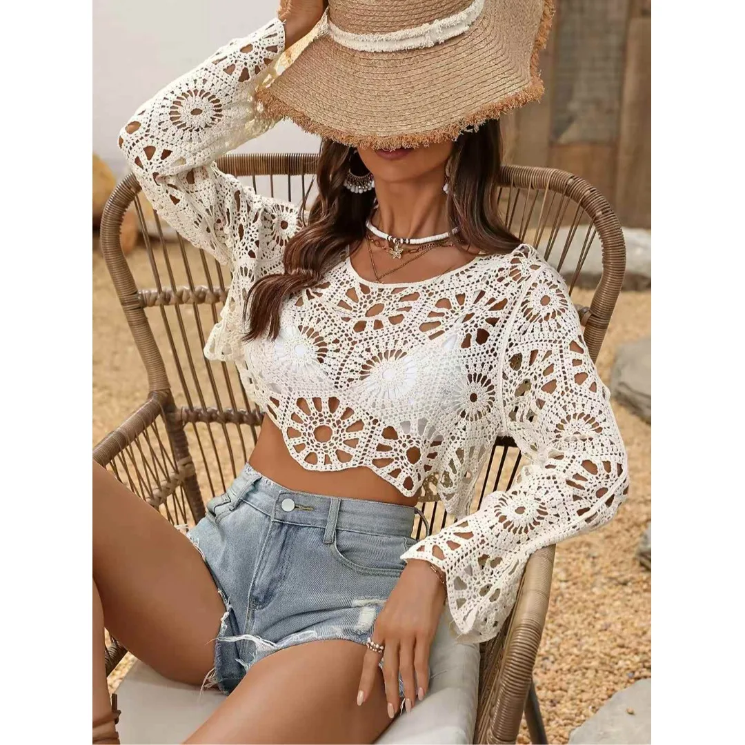 

Women's Knitted Open Cardigan Summer New n Holiday Long Sve Hollow out Floral Hook Stitch ort Sle Top Cover up