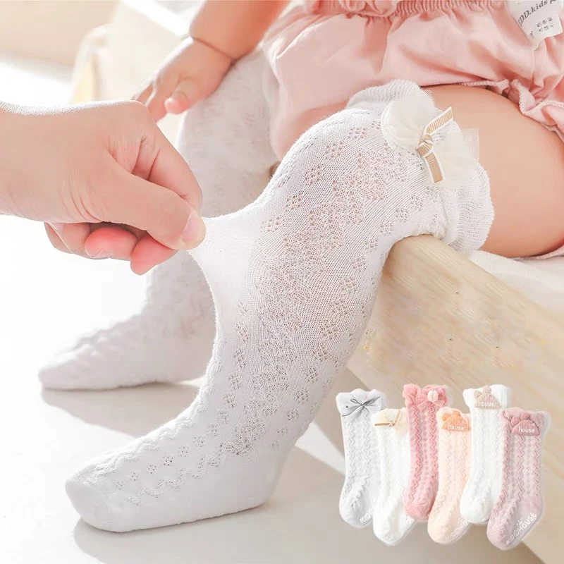 

3Pairs Summer Baby Socks Mesh Breathable Baby Girls Knee High Socks Cute Bows Non Slip Newborn Infant Toddler Floor Socks