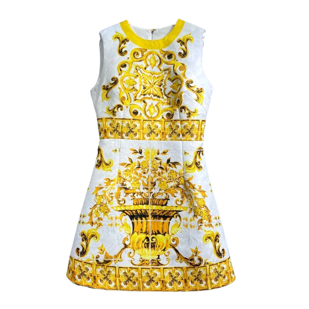 

Doris Fanny Fashion Runway Summer Women Dress Vintage GorgeousO-Neck Print Zippers TANK Sleeveless A-LINE Mini Dresses