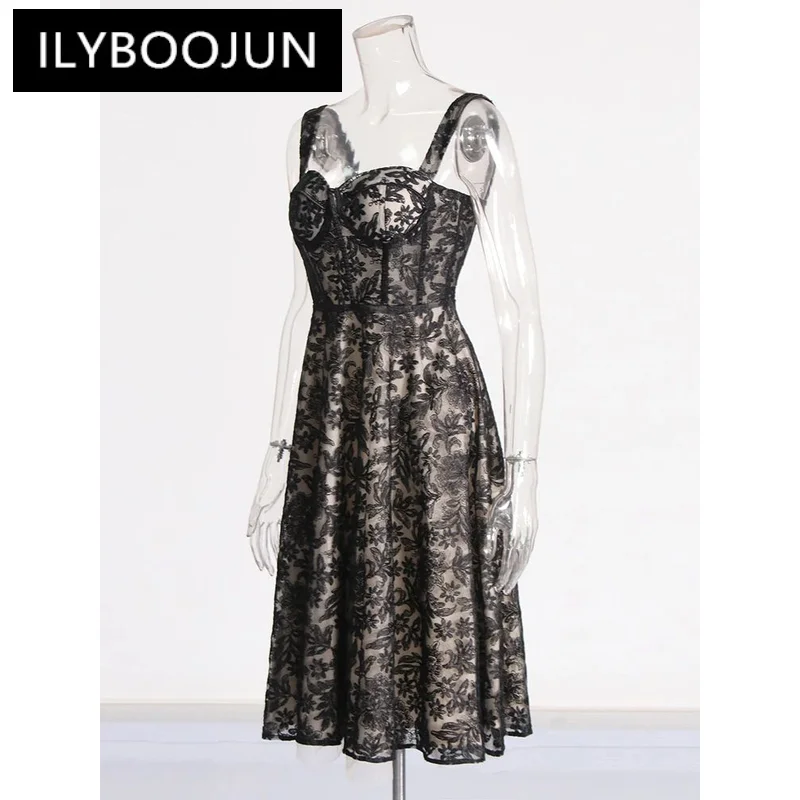 ILYBOOJUN Solid Sexy Embroidery Dress For Women Square Collar Sleeveless High Waist Patchwork Mesh Formal Dresses Female New