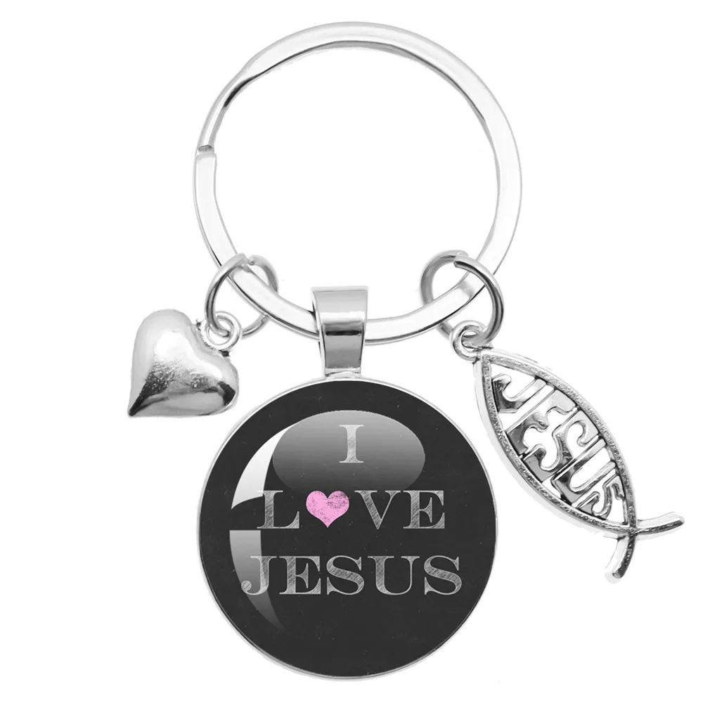 I Love Jesus Charms Keychain Holder Handmade Glass Cabochon Pendant Charms Keychain Religious Jewelry