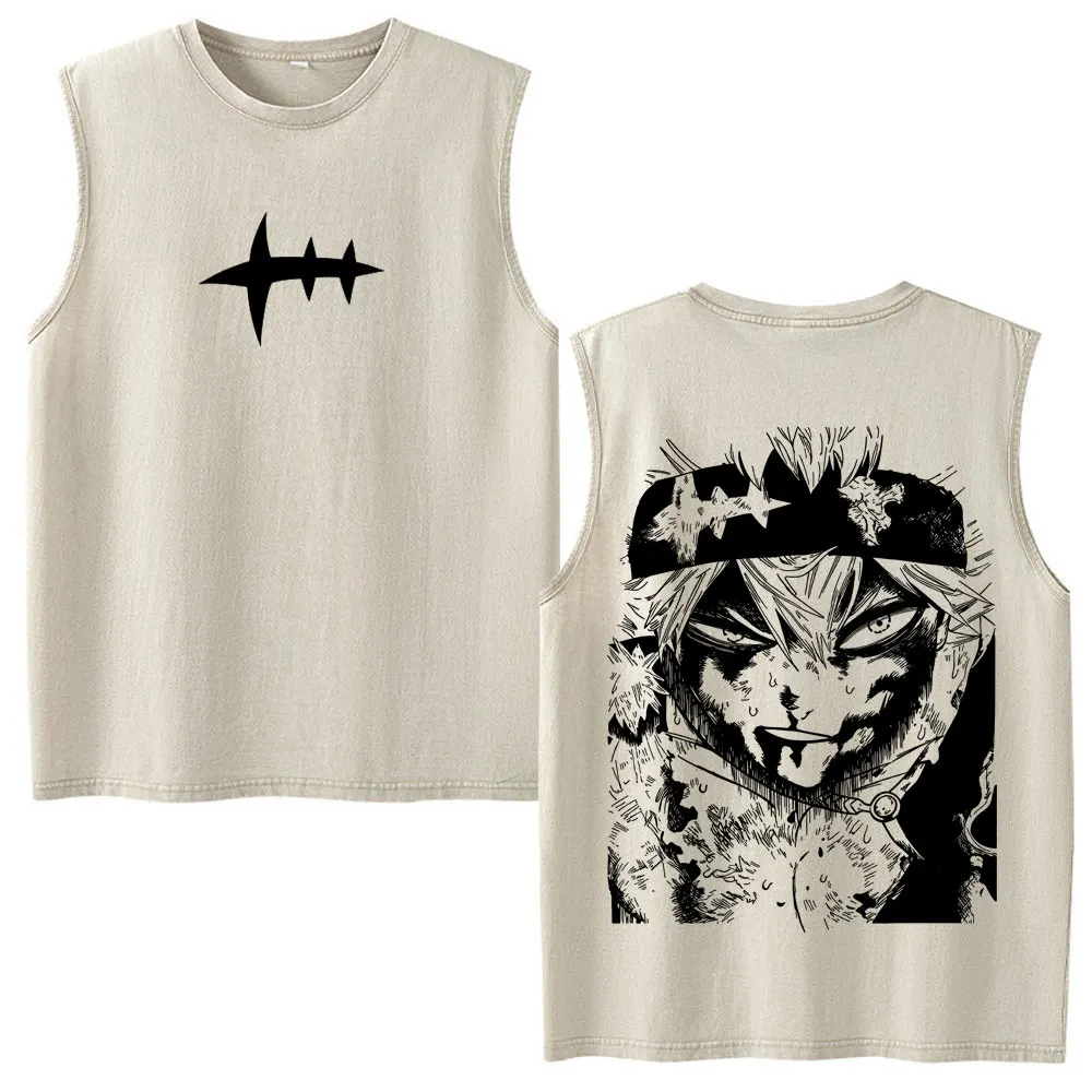 Anime Black Clover Asta Yami Sukehiro Vintage Washed Tank Tops T Shirt Men Women Clothing Cotton Casual Sleeveless Vest T-shirts