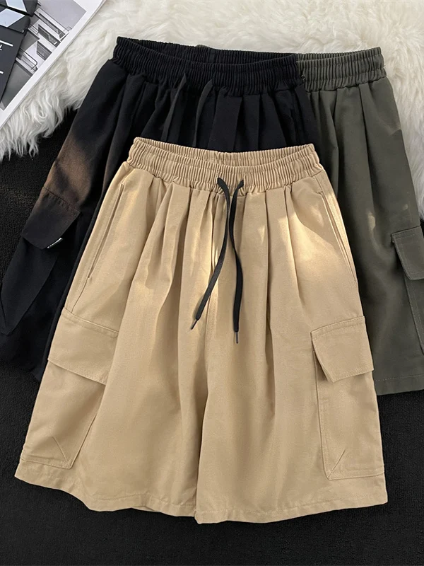 

American Sle Heavyweight Wide Leg Workwear orts Men Summer Trendy Dstring Pure Cotton Five-Point Loose Straight Casual...