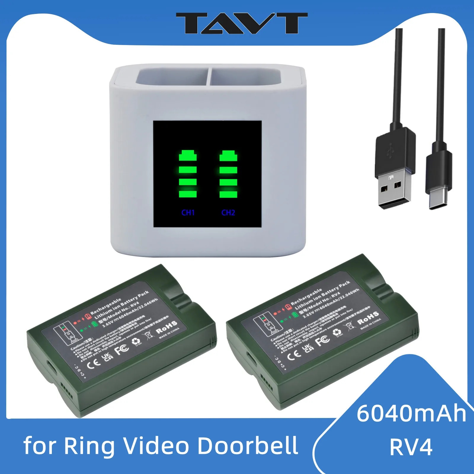 

6040mAh Li-ion Battery For Ring-Video V4 Compatible with Ring Video Doorbell 4/3/2 Stick Up Cam Battery (2nd and 3rd Gen) 3.65V