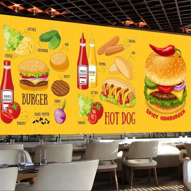 

Hand-painted Hamburger Hot Dog Gourmet Custom Mural Fast Food Restaurant Industrial Decor 3D Wall Paper Self-adhesive Wallpaper