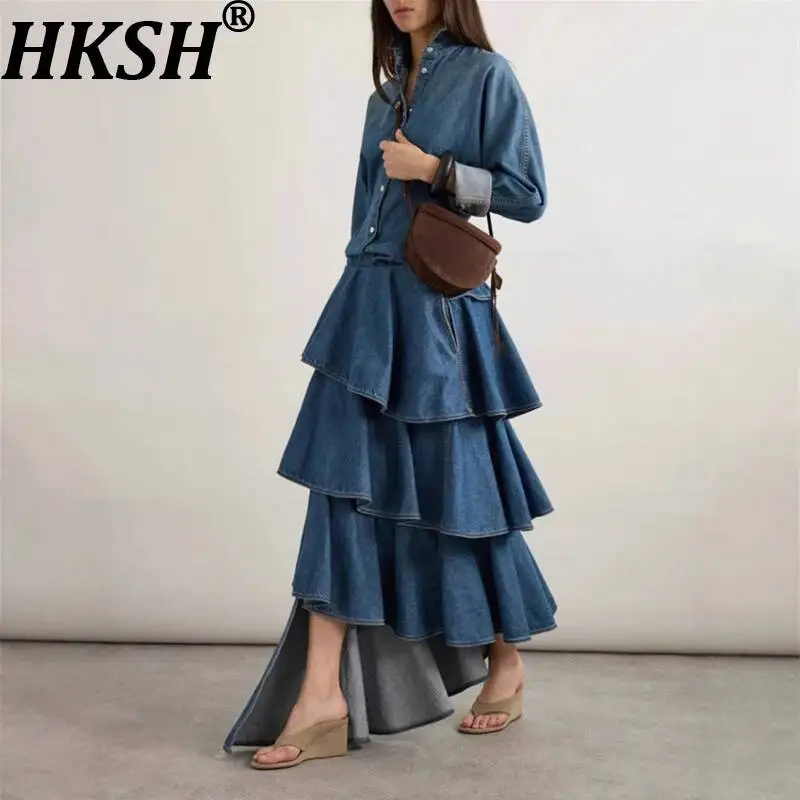 

HKSH весенне-осенний новый женский джинсовый комплект, рубашка с длинными рукавами и завязкой на талии, асимметричная многослойная юбка с рюшами, элегантная ретро HK17469
