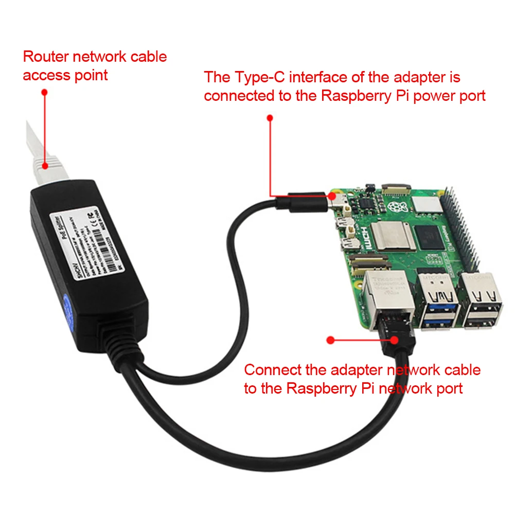 نوع C PoE الفاصل 5 فولت/4A IEEE802.3af/at متوافق PoE الفاصل USB نوع C 5 فولت التكيف 10/100/1000 ميجابت في الثانية لراسبيري Pi 5