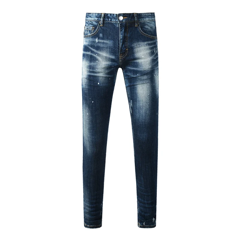Men's Dark Blue Heavy Washed Faded Skinny Jeans, Distressed Stretch Slim Fit Denim Pants Streetwear Trousers