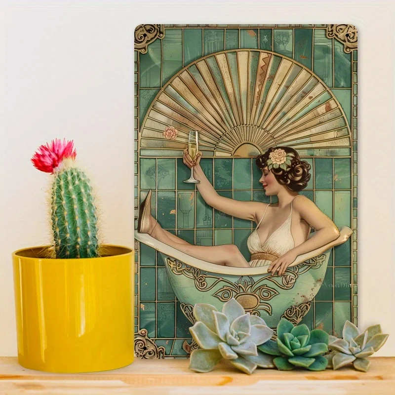 1920s Elegance Metal Wall Art - Retro Tin Sign with Woman in Bathtub Drinking Champagne, , Vintage Bathroom Decor, Unique Home