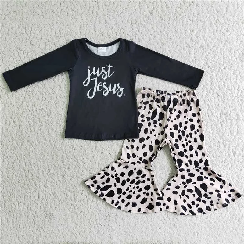 

New Spring Fashion Kids Alphabet Black Top Leopard Print Flared Pants Boutique Wholesale Baby Girls Children Clothing Outfits