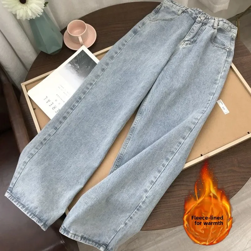 plus Size Women's Fleece Lined Thick Denim Jeans High Waist Straight Leg Vintage Hong Kong Style Autumn Winter Student Versatile