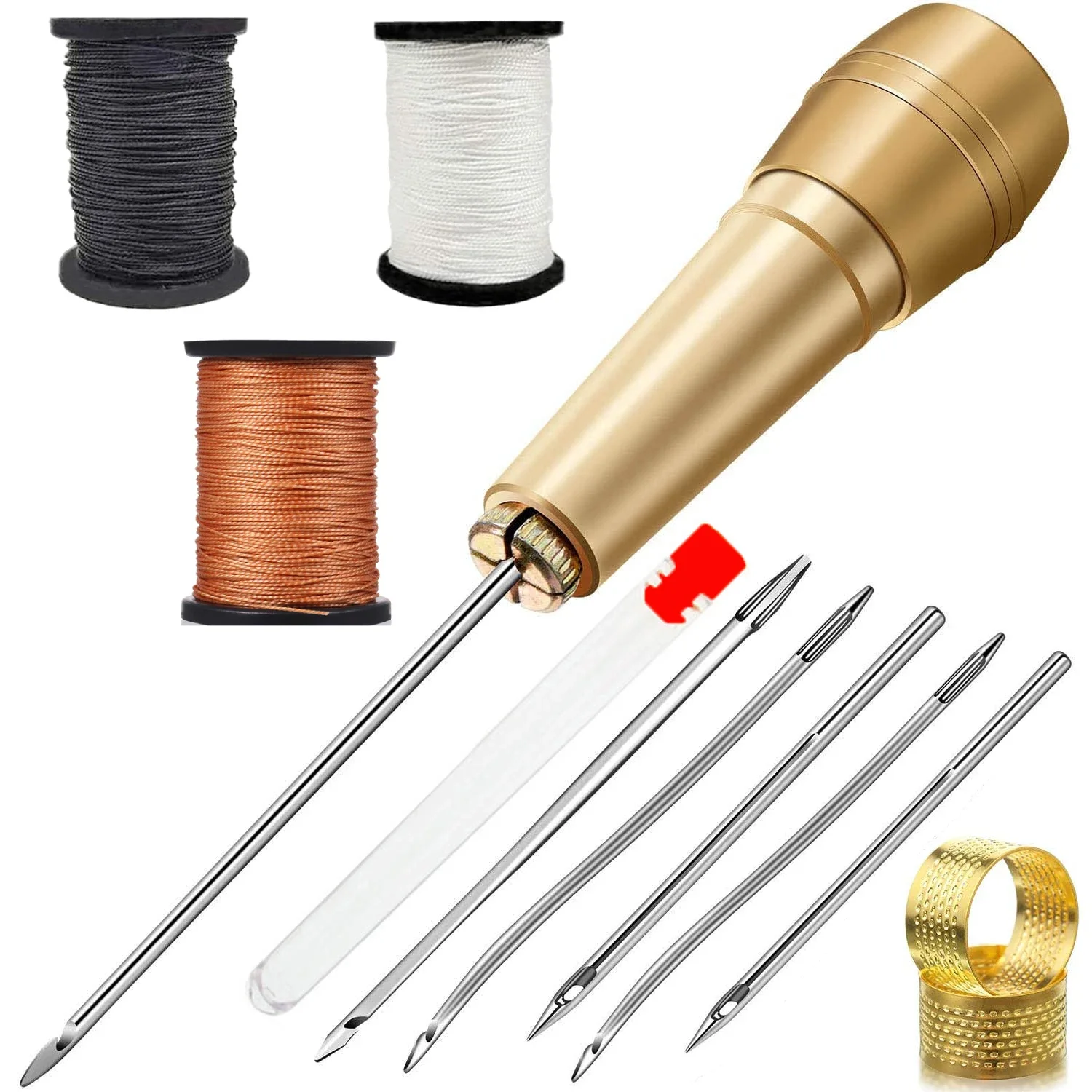 11 Pieces Leather Sewing Kit DIY Leather Sewing Awl Needle with Copper Handle for Leather Shoes Repairing Tool Black/BrownThread