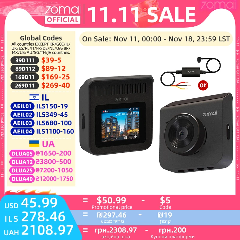 70mai Dash Cam A400 1440P Image 145° FOV Car DVR 70mai A400 Car Recorder Support Rear Cam 24H Parking Mode