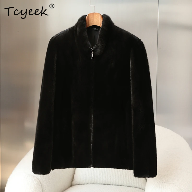Luksusowy płaszcz męski z naturalnego futra norek Tcyeek, zimowe ubrania męskie, ciepłe kurtki z prawdziwego futra, nowości w kategorii płaszczy, stójka, куртка мужская