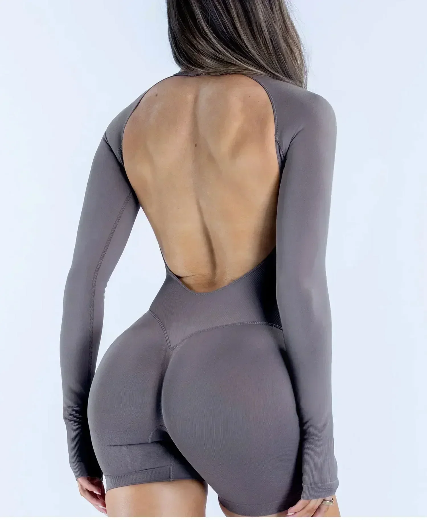 LOGO Langarm Rückenfreier Jumpsuit Hochelastischer Hüftstraffender Workout-Bodysuit Nahtloser Gym-Yoga-Kurz-Jumpsuit Fitness-Sportbekleidung – Detail 14