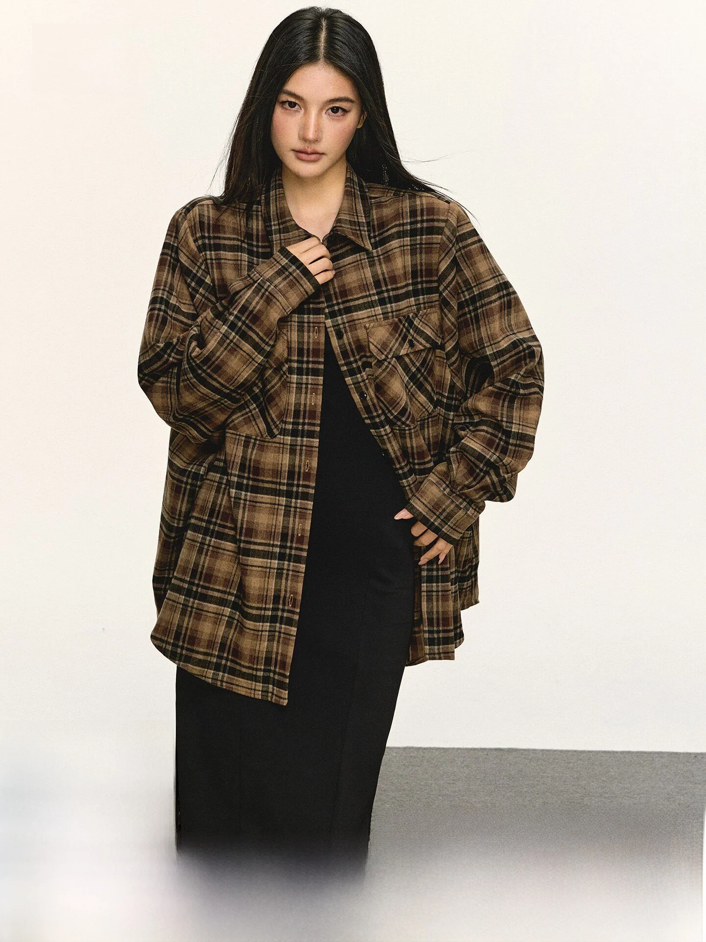 

Anna Aneae Women's Plaid irt Coat Loose Long Sve Spring Autumn Commute Design Retro Sle Faionable Casual Top