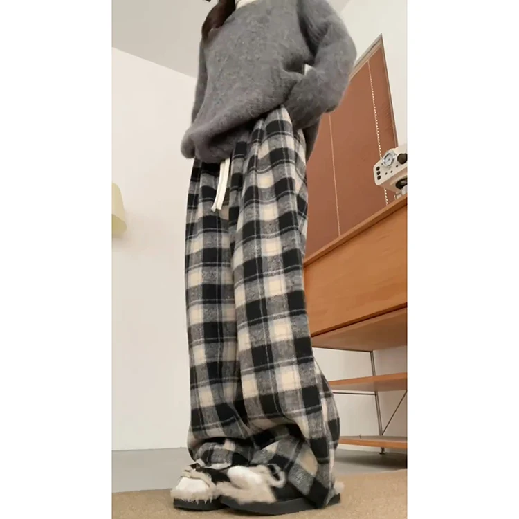 レトロクラシックな格子柄ウールパンツ レディース 秋冬 裏起毛 ゆったり スタイル フェイスライニング ドレープ カジュアル ワイドレッグパンツ