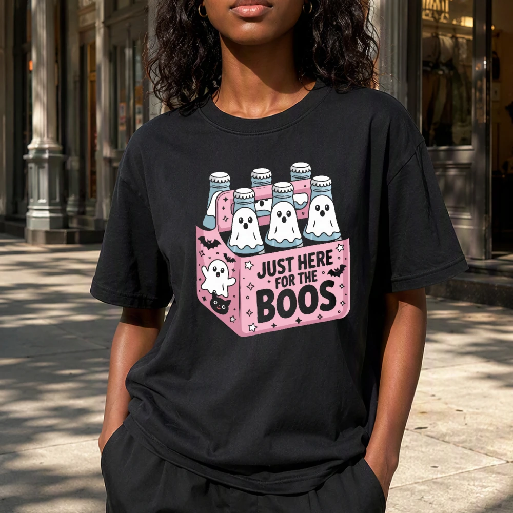 Just Here for Boos Beer Female Halloween Party Graphic Tee Funny Booze Ghost Cartoon Top Night Club Pub Wear Party Tops