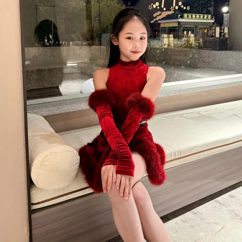 

Зимний костюм для латинских танцев для девочек, бархатное платье красного вина, перчатки, одежда для соревнований, костюм для выступлений, танцевальное платье для ча-ча-румбы DNV26088