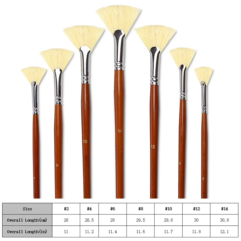 Artist Fan Paint Brush Set of 7, White Hog Bristle Natural Hair Anti-Shedding Brush Tips, Long Handle for Acrylic Oil Painting