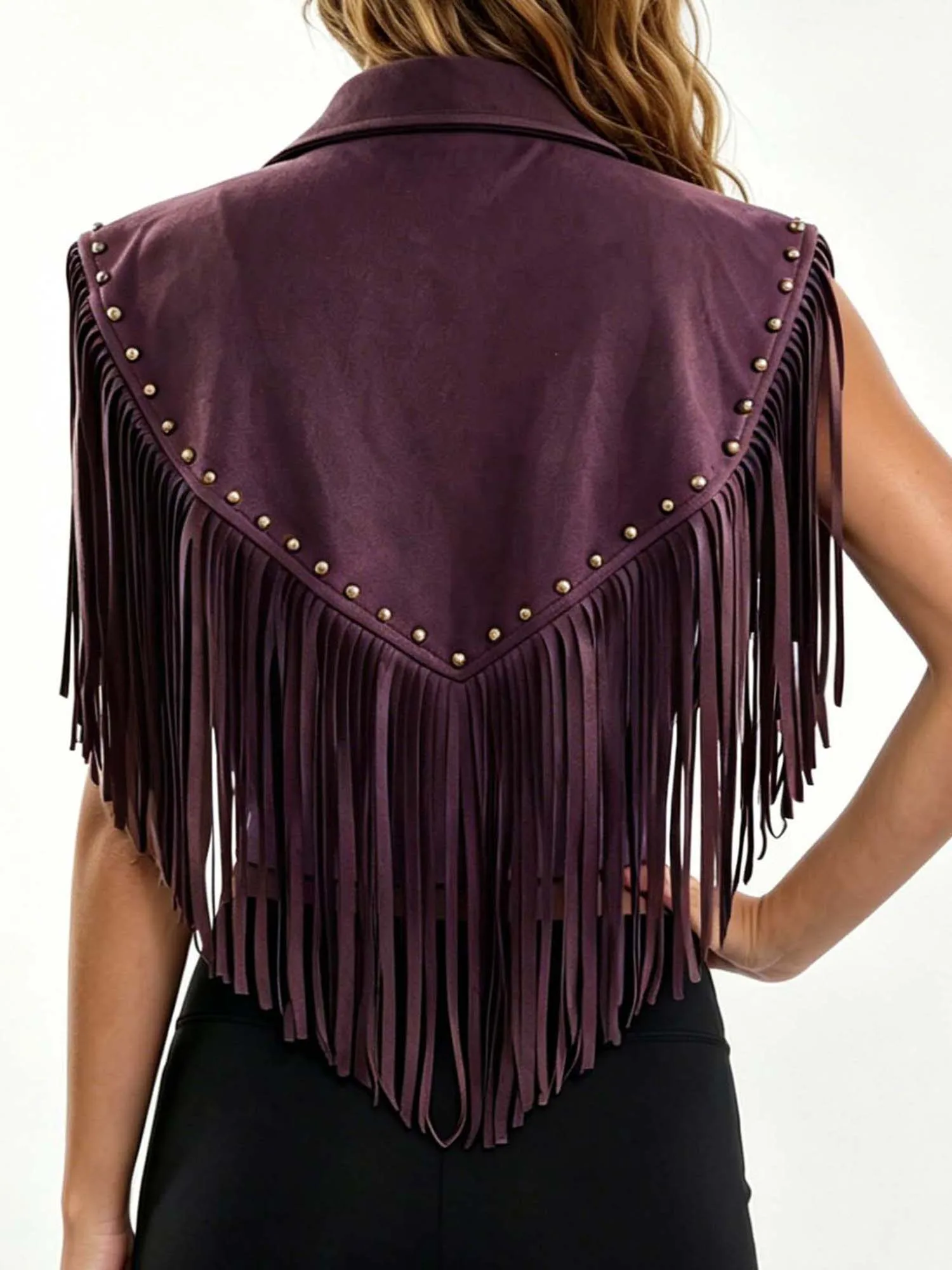 Damenweste, ärmellos, Reverskragen, genietet, mit Quasten, unregelmäßige Form, Gilet – Detail 8