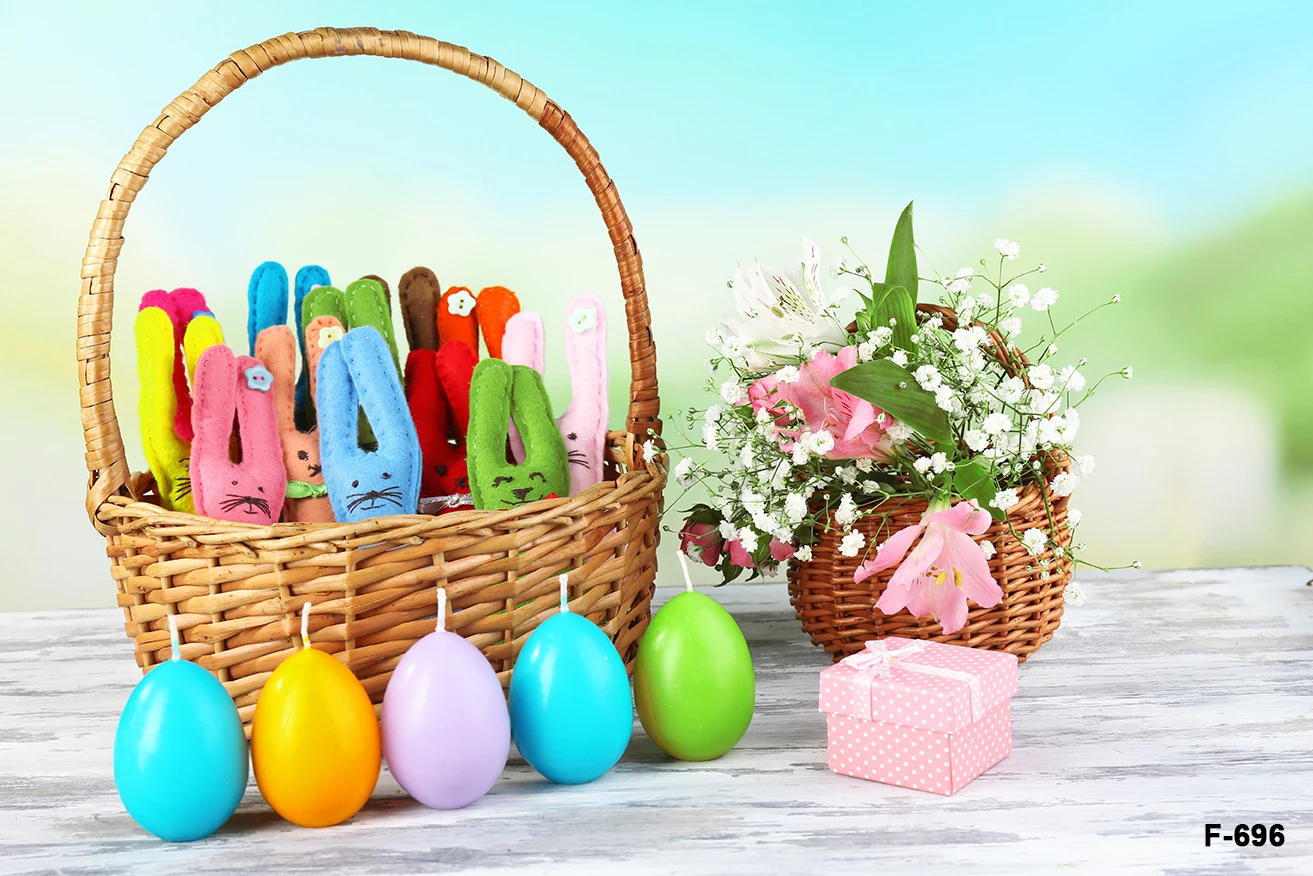 Colorful Eggs Handmade Rabbit Image Backdrops Photographic For Easter Floral Basket Vase Backgrounds Baby Portrait Photocall