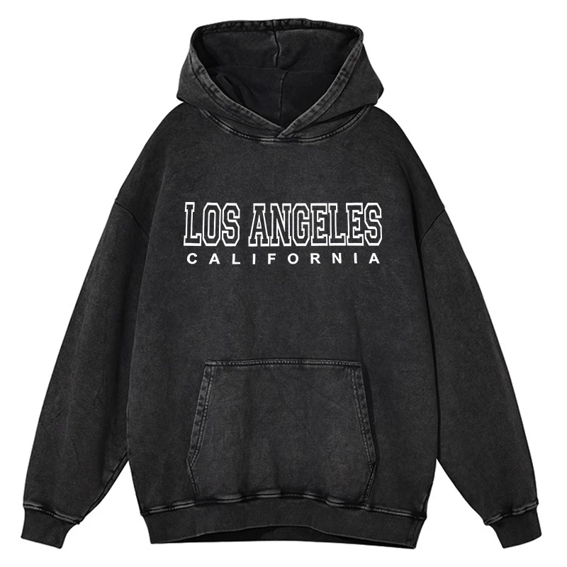 California Los Angeles Print Washed Distressed Hoody Men Fashion Casual Hoodie Cotton Loose Clothes Autumn Street Male Tracksuit