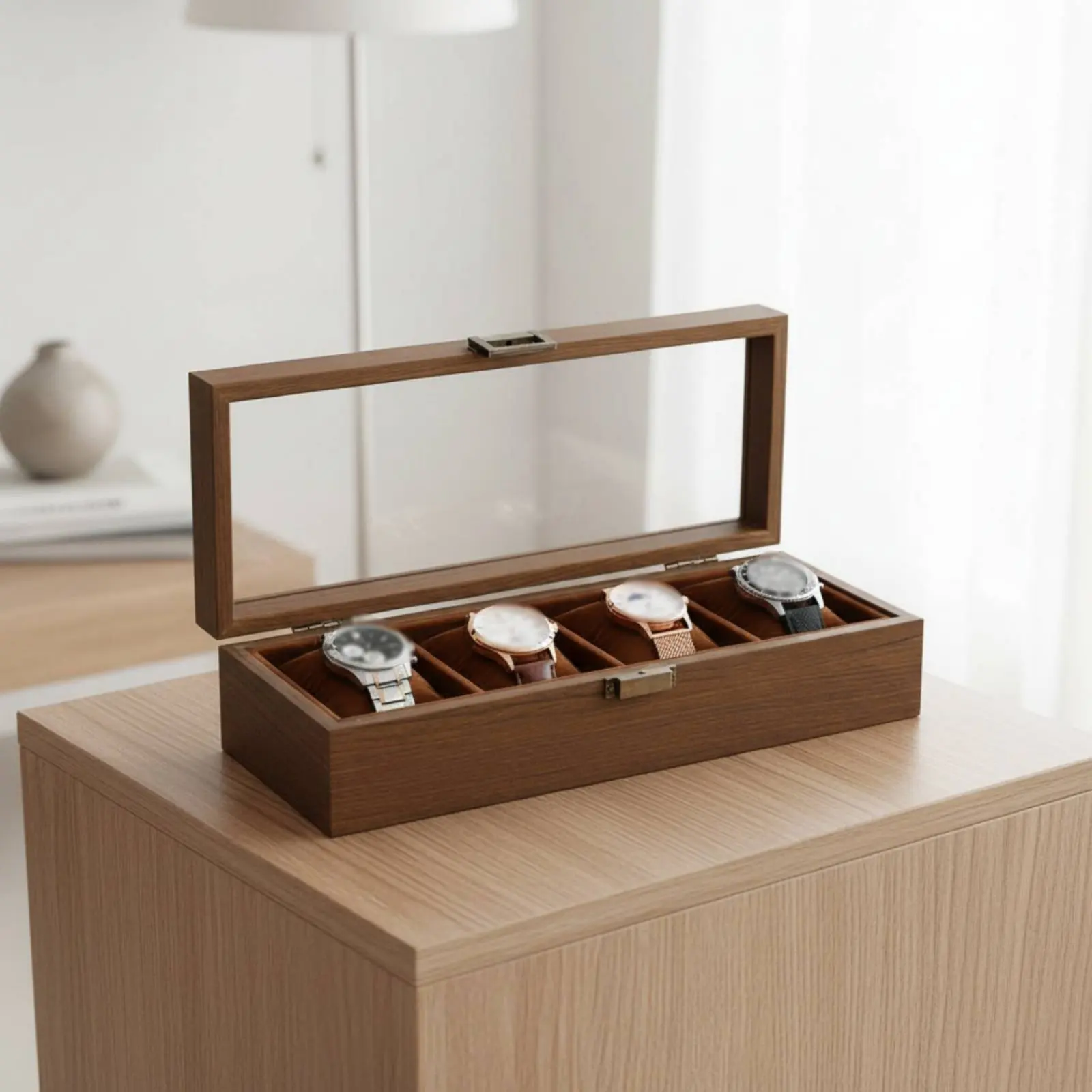 Watch and Jewelry Display Case Perfect Gift Watch Display Box Wooden Jewelry Organizer Lockable Walnut Wood Grain for Men