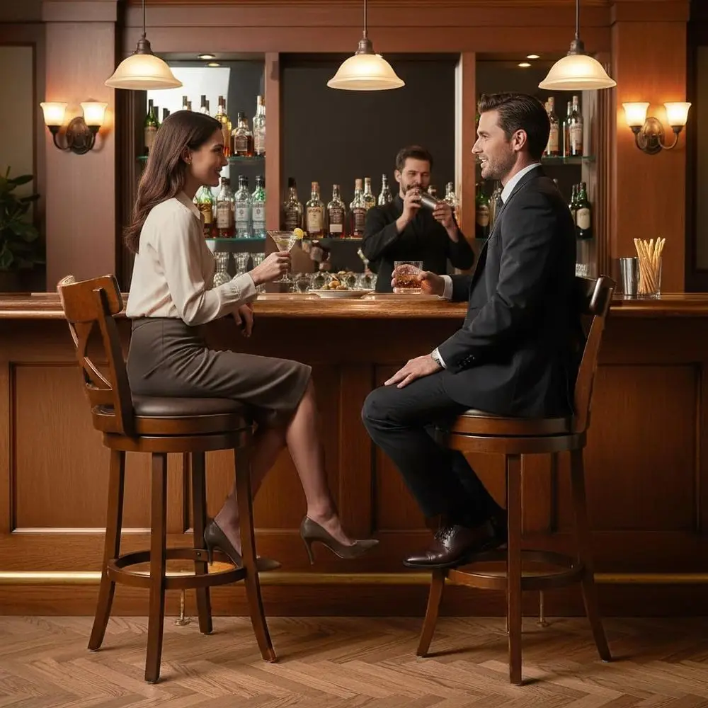 Lot de 2, 30 tabourets de bar pivotants avec dossiers, sièges en similicuir, cadre en bois, pour îlot de cuisine ou pub, finition noyer