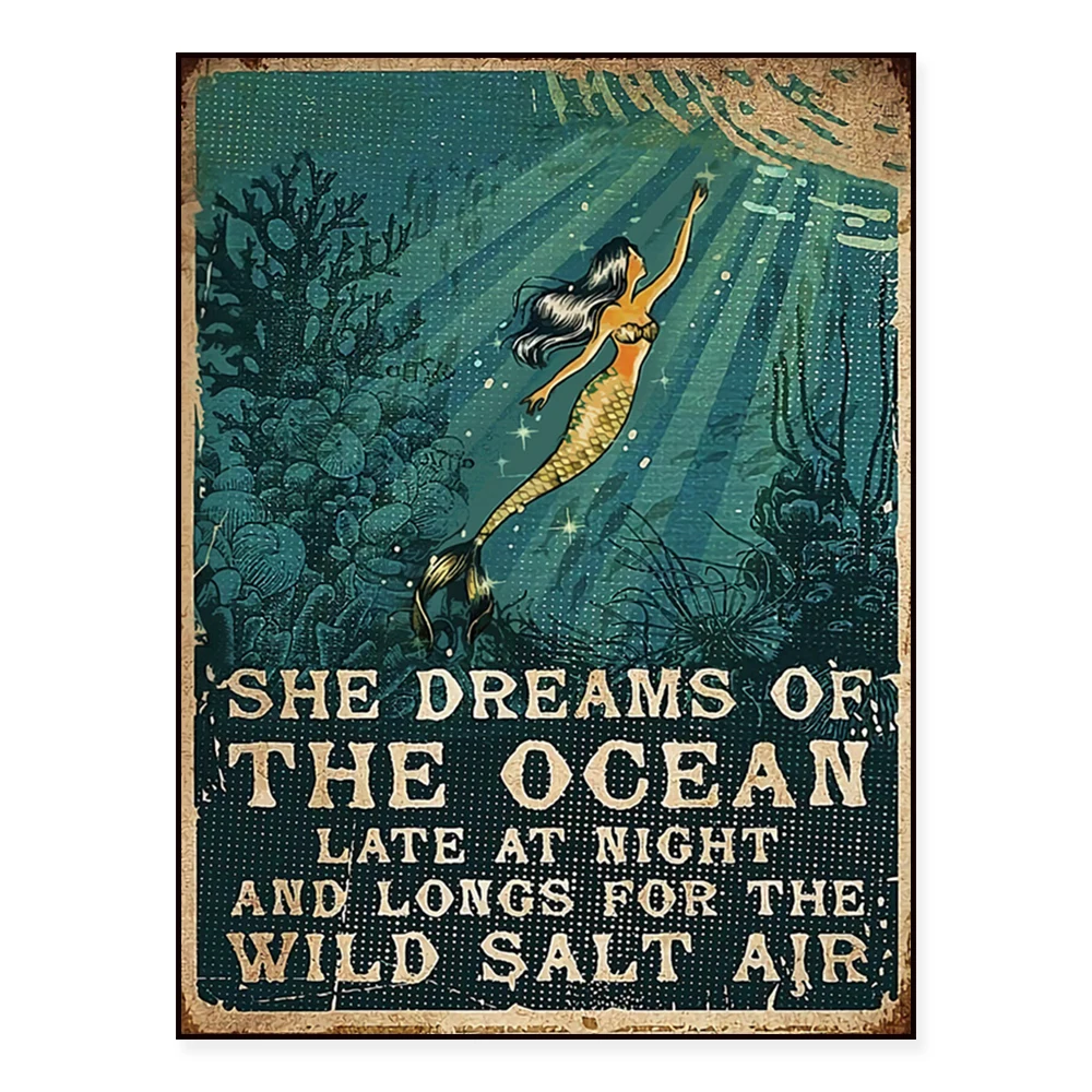 Mermaid poster, mermaid dreaming of the ocean late at night, longing for wild salt air, retro mermaid lover gift poster