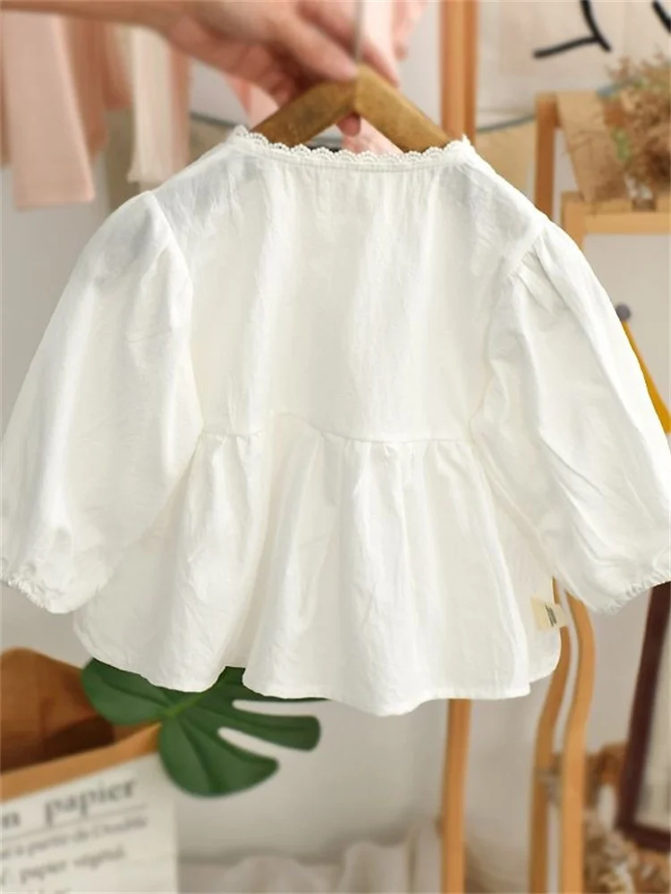 เสื้อเด็กผู้หญิงสไตล์เกาหลี แขนยาว สำหรับฤดูใบไม้ผลิและฤดูใบไม้ร่วง แฟชั่น ทรงตุ๊กตา คอกลม สีพื้น ใช้ได้หลากหลาย วัสดุอื่นๆ