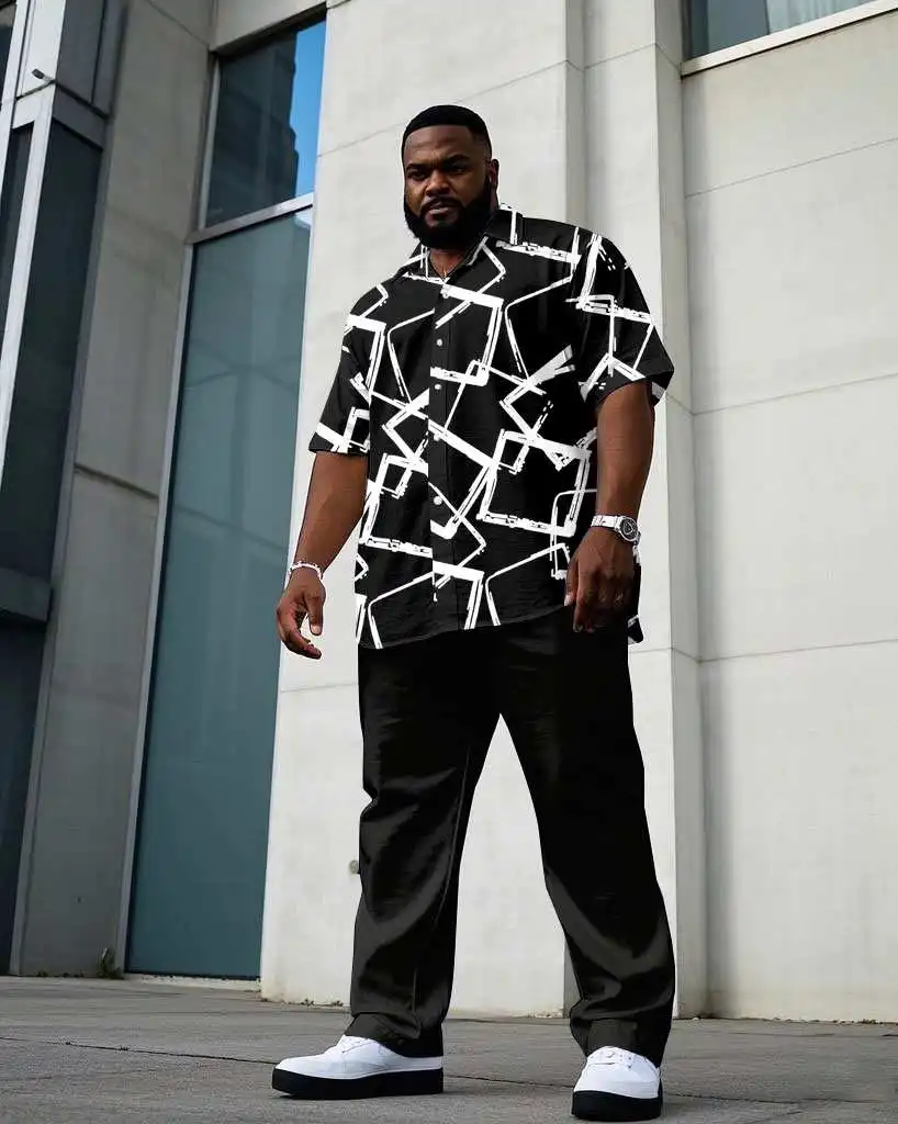 

S-9XL Plus Size Men's Striped & Geometric Print Shirt & Pants Set, Multi-Style Casual 2-Piece Summer Outfit Collection