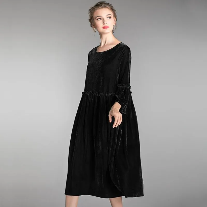 Robe en velours plissé à manches longues pour femmes, robe de soirée élégante, volants, printemps, automne, nouveau, 2024