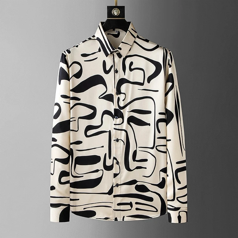 

European And American Light Luxury Printed Long Sleeved Shirt For Men's Spring New High-End Design Sense Casual Shirt For Men