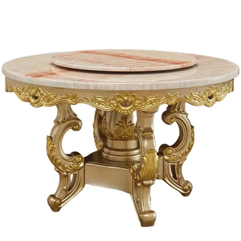 

sa-European Style Wood 6-Person Dining Table Chair Combination Household Turntable Champagne Gold Double-Layer Dining Set#