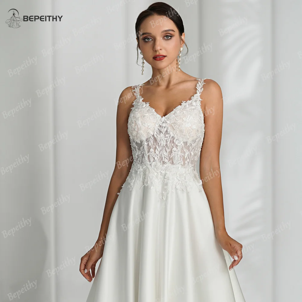 BEPEITHY Personalizzato Scollo A V Avorio Abiti Da Sposa In Raso Senza Maniche 2023 Donne Backless Abiti Da Sposa Boho Abiti Da Sposa 2024