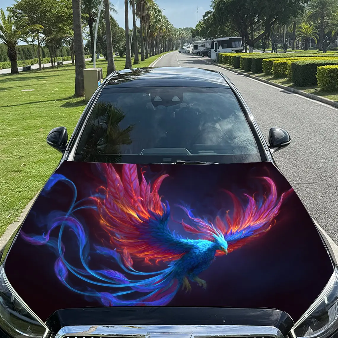 Red - Blue Dazzling Flaming Phoenix Car Vinyl Wrap, PVC Material Waterproof Car Hood Sticker, Self-Adhesive Scratch-Resistant St