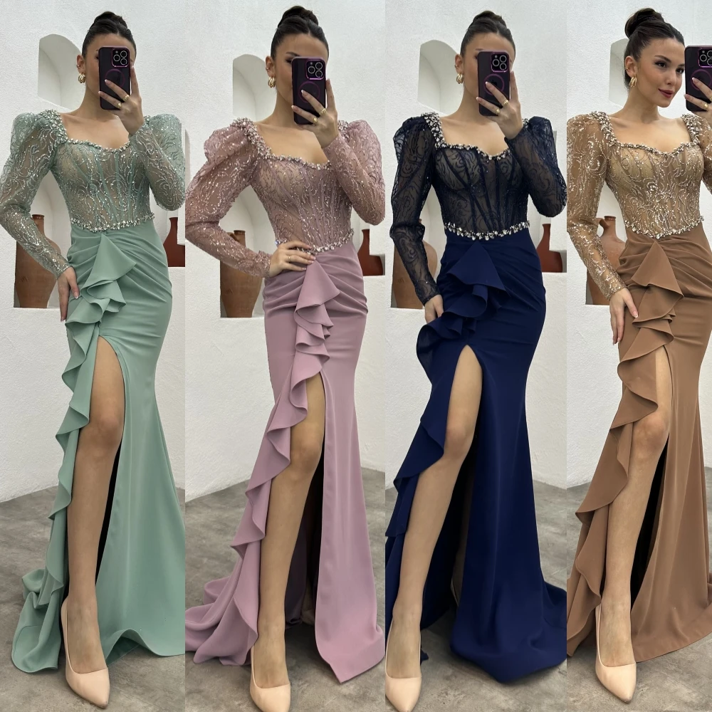 

Jiayigong Jersey Draped Pleat Sequined Celebrity Mermaid Square Collar Bespoke Occasion Gown Long Dresses Saudi Arabia