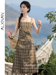 ALXNAN Summer Strap Dress for Women 2024 Spring Summer New Plaid A-line Midi Ruched Zipper Woman Spaghetti Straps Dresses L33722