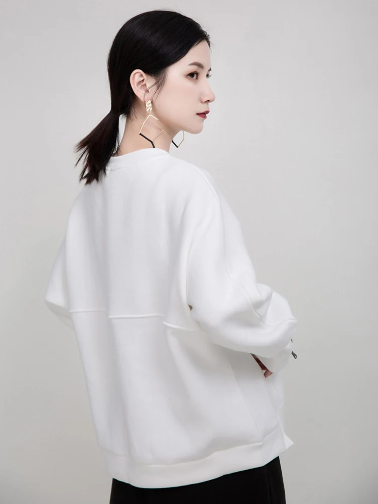 [EAM] Loose Fit White Cuff Zipper Sweatshirt New Round Neck Long Sleeve Women Big Size Fashion Spring Autumn 2024 1DD5133