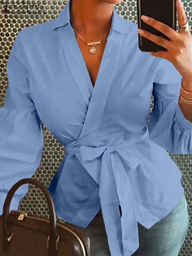 

ZANZEA Fashion Sexy OL V-Neck Blouse Elegant Belted Party Shirts Women 2024 Long Lantern Sleeve Tops Casual Loose Tunic Blusas