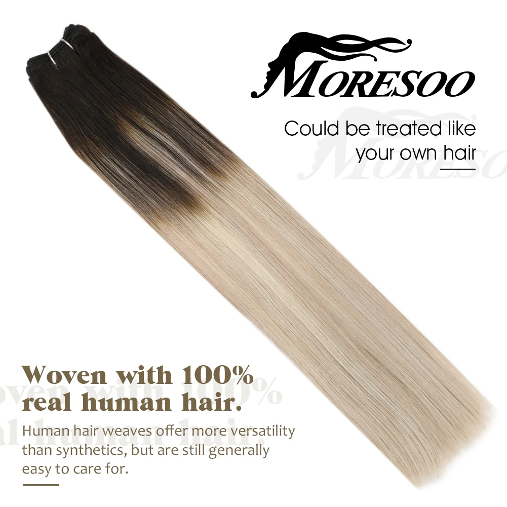 Moresoo-trama de cabello humano 100% Real para mujer, extensiones de cabello brasileño Natural, tejido de cabello, trama de cabello cosido, Rubio, 100G