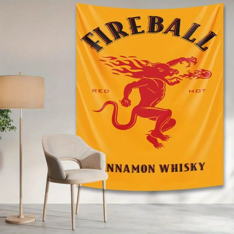 VIKAMA Vintage Fireball Whiskey Retro Devil Flame Printed Tapestry Wall Hanging Home Decor for Bedroom Living Room Dorm