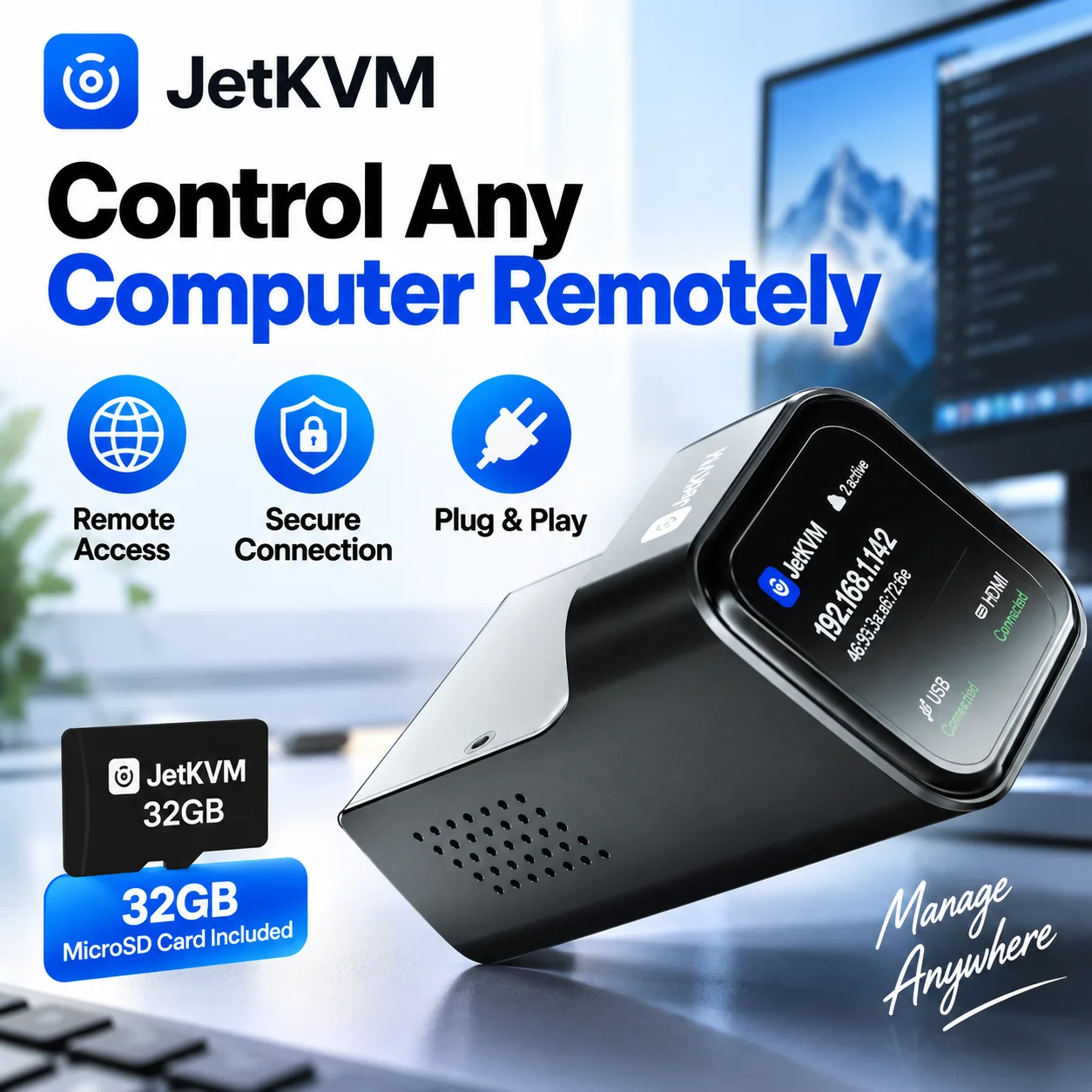 JetKVM IP KVM Open Source HDMI USB KVM Over IP Remote Access 32GB TF Card Remote Computer Server Management Windows Mac Linux
