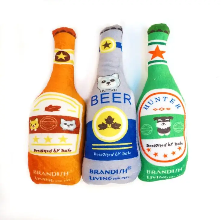 eco friendly multicolor beer bottle shape luxury squeaky plush dog chew toys