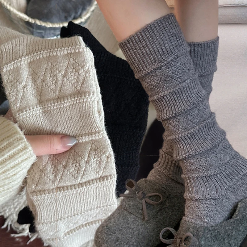 

Autumn Winter Warm Knitted Socks Japanese Retro Women Thigh High Stockings Korean Solid Color Calf Casual Diamond Grid Long Sock