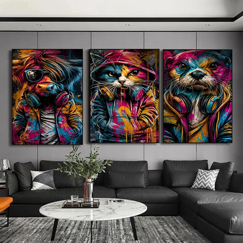 Graffiti Highland Cow Otter Raccoon with Headphones Poster Urban Animal Art Wall Art, Street Art Nursery Home Decor