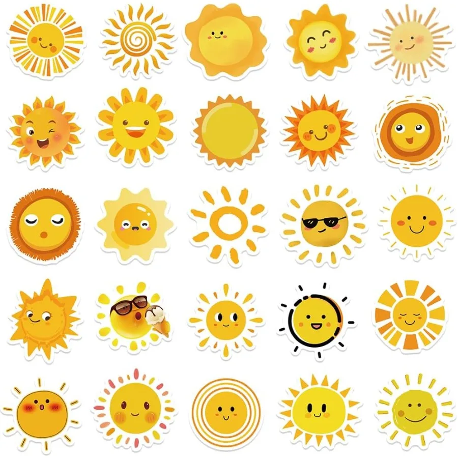 Sunshine Aesthetic Stickers 50PCS Yellow Sun Waterproof Vinyl Stickers for Water Bottles Laptop Scrapbook Teens Adults Party Fa