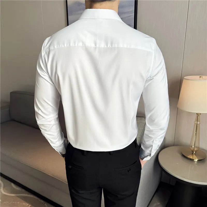 Men Shirts 2024 Spring British Style Anti-wrinkle High-EndSoft Solid Casual Elastic Slim Fit Shirt Long Sleeved Camisas Y Blusas