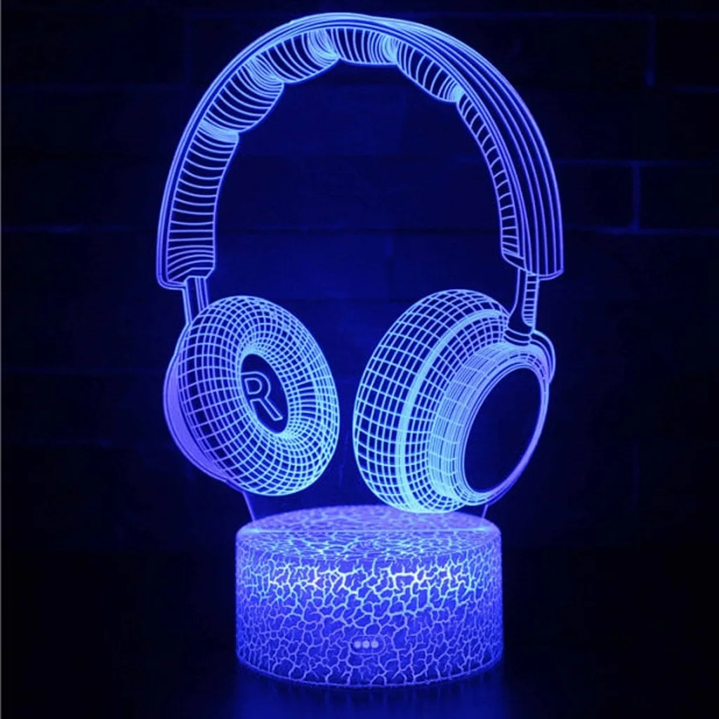 Headset Earphone 3D Lamp LED Acrylic Touch Night Light Gift for Friends Kawaii Bedroom Bedside Decor Game Setup 3D Illusion Lamp